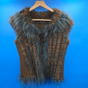 Dana Stein Womens Rabbit and Raccoon Fur Trim Knit Vest Brown Blue S 1101